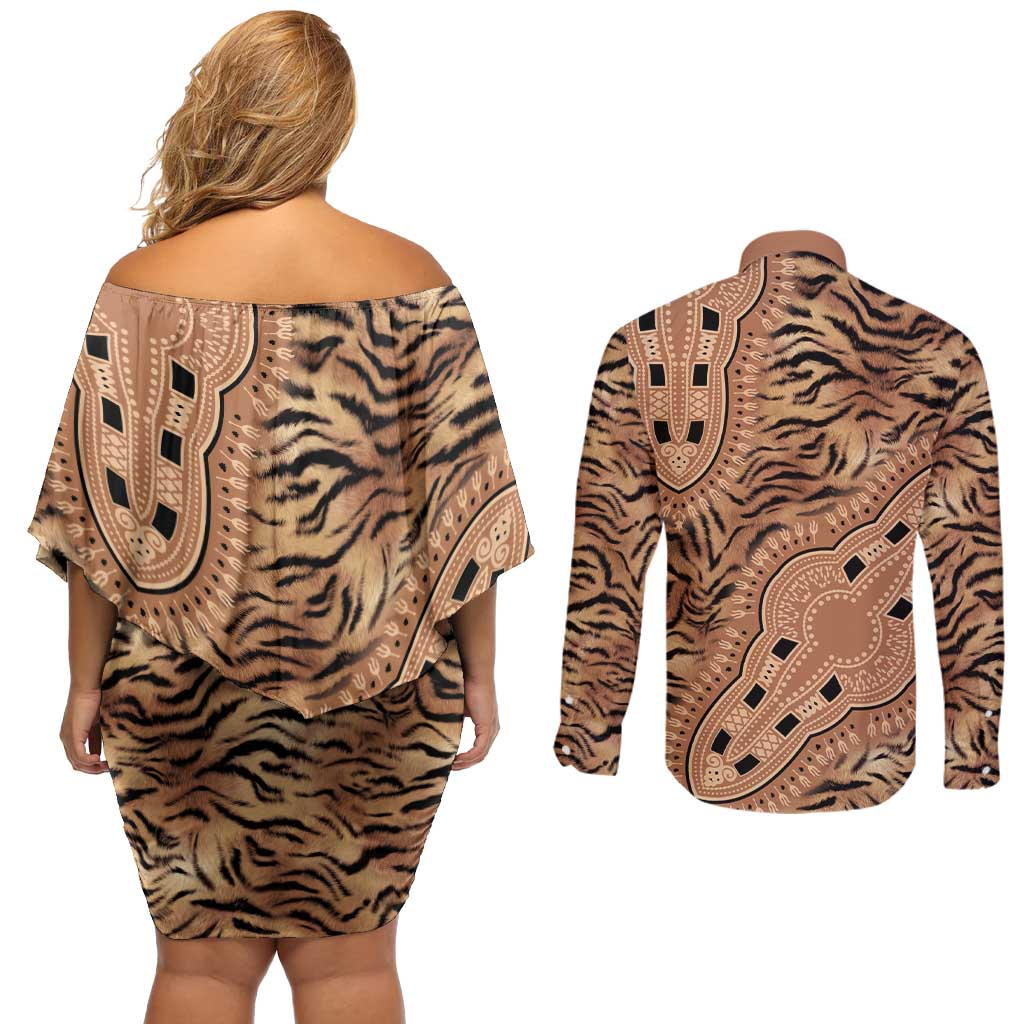 Africa Tiger Mix Dashiki Tribal Pattern Couples Matching Off Shoulder Short Dress and Long Sleeve Button Shirt LT9 - Wonder Print Shop