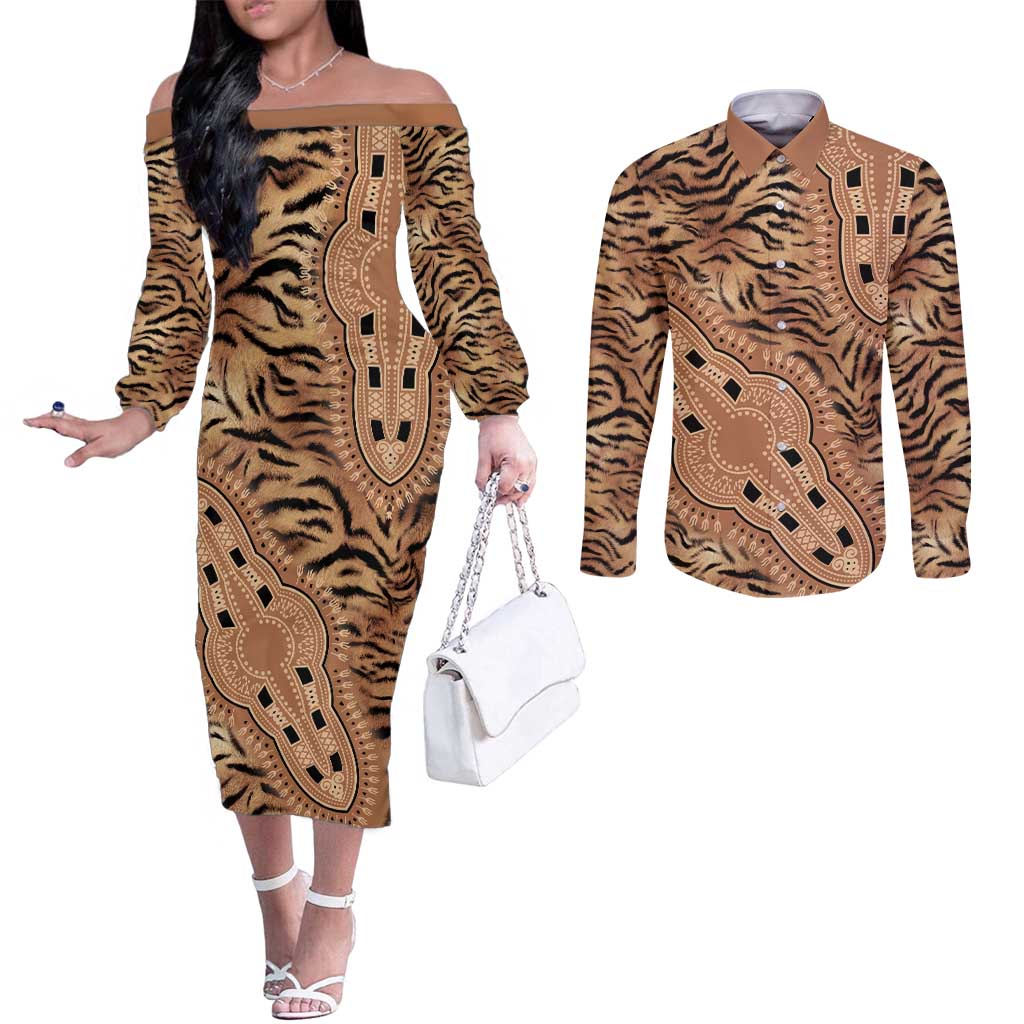 Africa Tiger Mix Dashiki Tribal Pattern Couples Matching Off The Shoulder Long Sleeve Dress and Long Sleeve Button Shirt