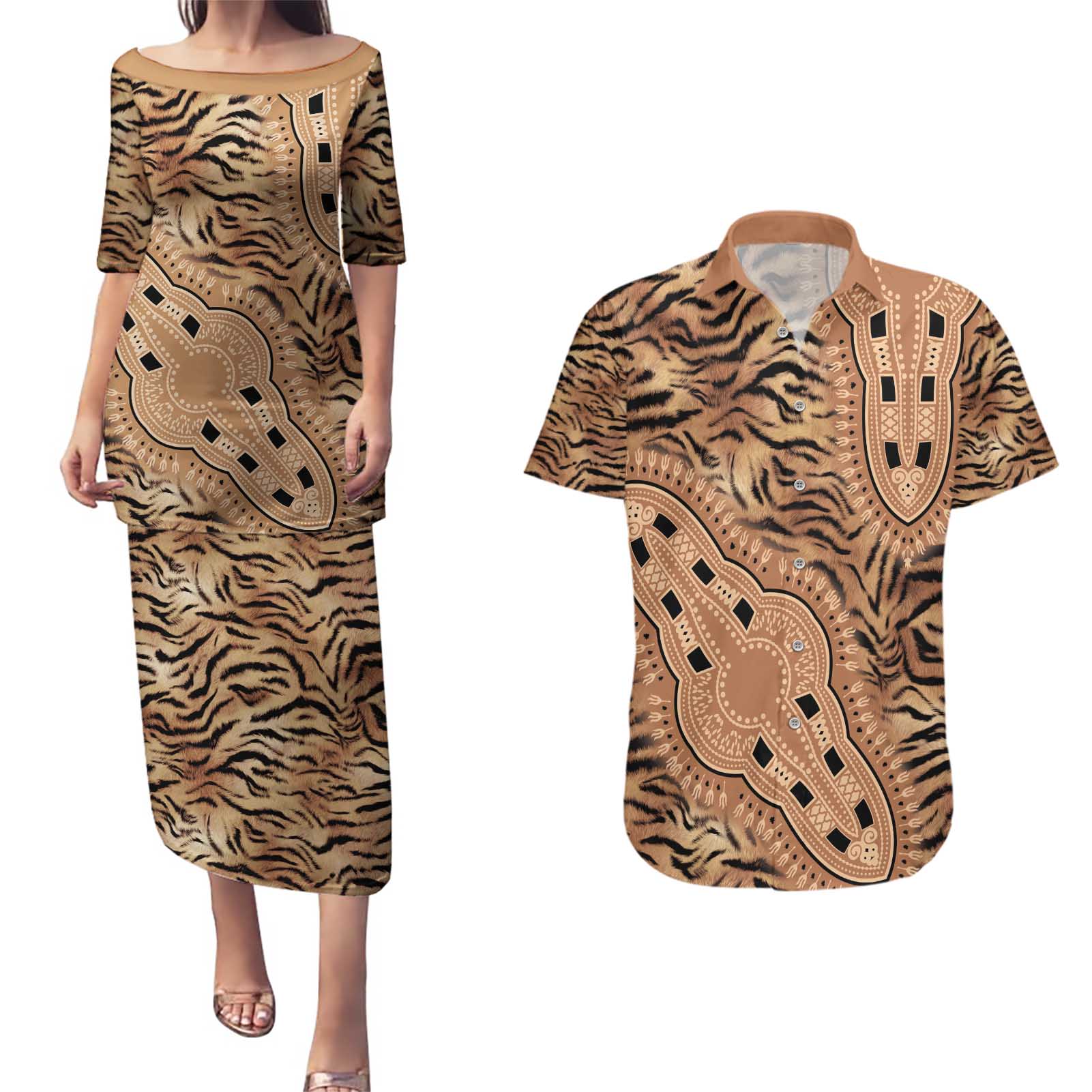 Africa Tiger Mix Dashiki Tribal Pattern Couples Matching Puletasi and Hawaiian Shirt LT9 - Wonder Print Shop