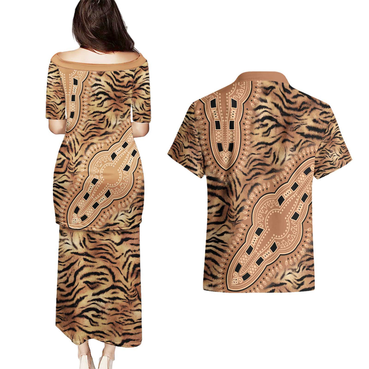 Africa Tiger Mix Dashiki Tribal Pattern Couples Matching Puletasi and Hawaiian Shirt LT9 - Wonder Print Shop
