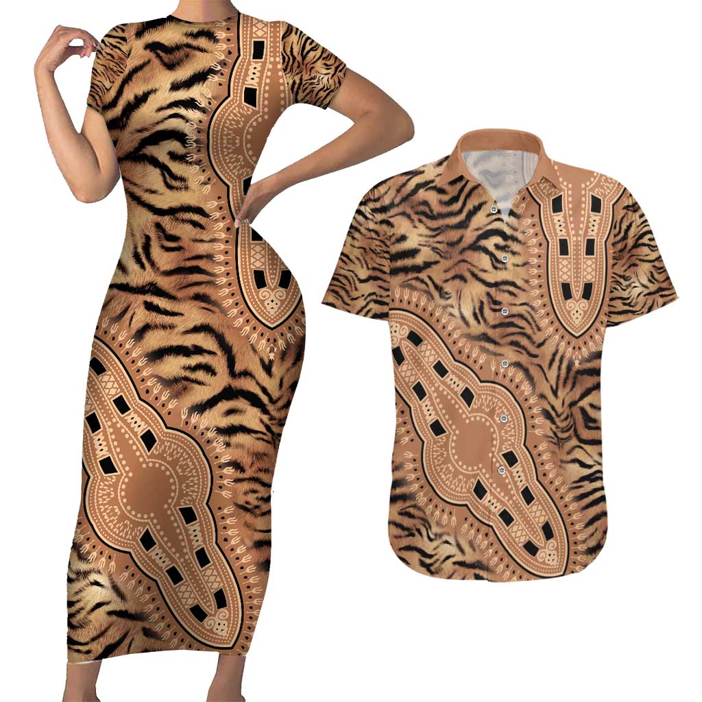 Africa Tiger Mix Dashiki Tribal Pattern Couples Matching Short Sleeve Bodycon Dress and Hawaiian Shirt LT9 - Wonder Print Shop