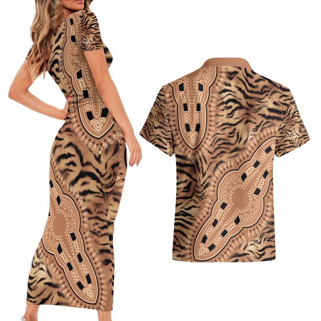 Africa Tiger Mix Dashiki Tribal Pattern Couples Matching Short Sleeve Bodycon Dress and Hawaiian Shirt LT9 - Wonder Print Shop