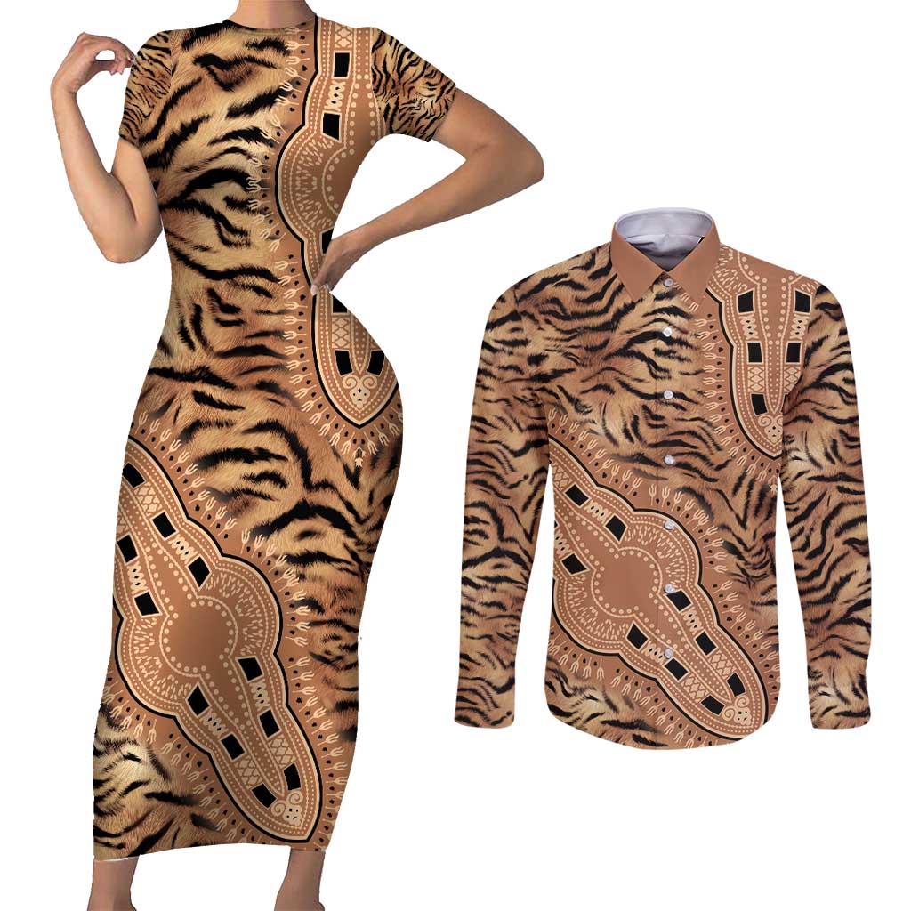 Africa Tiger Mix Dashiki Tribal Pattern Couples Matching Short Sleeve Bodycon Dress and Long Sleeve Button Shirt LT9 - Wonder Print Shop
