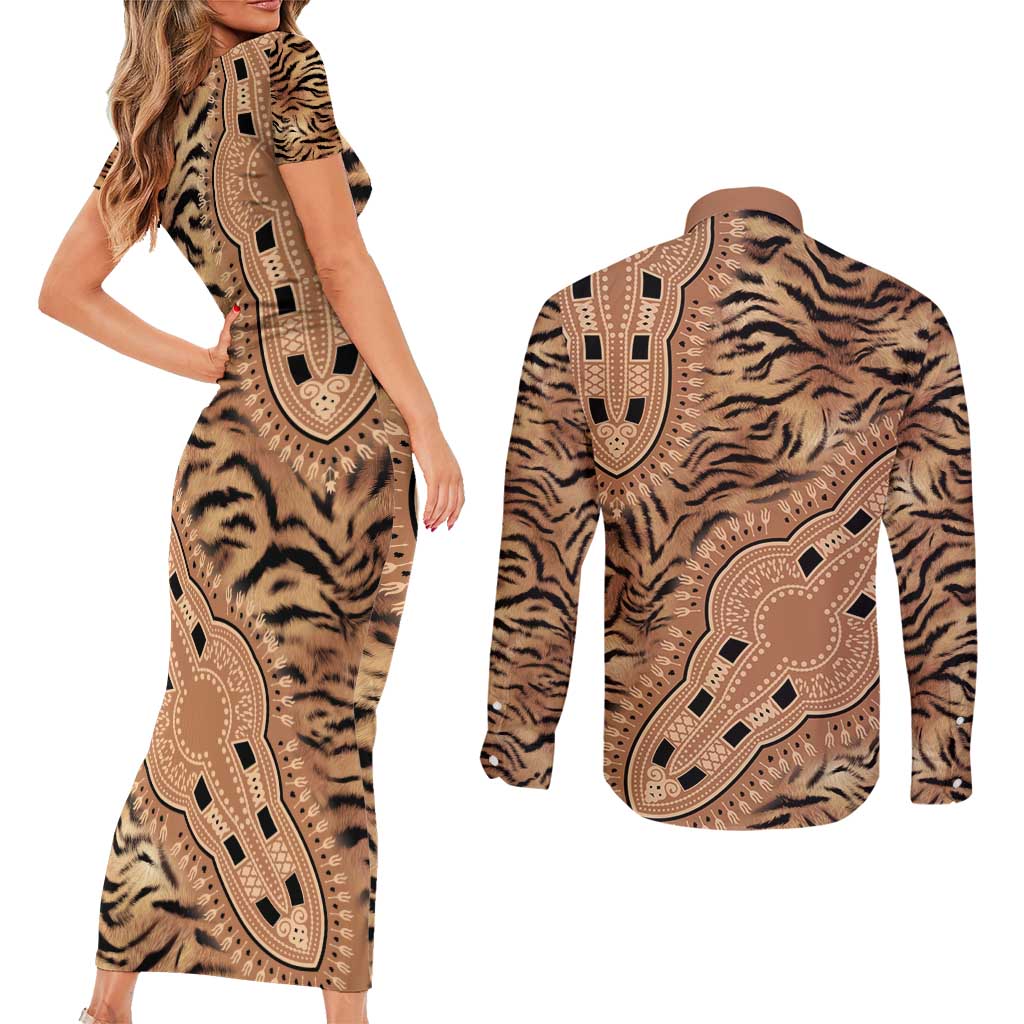Africa Tiger Mix Dashiki Tribal Pattern Couples Matching Short Sleeve Bodycon Dress and Long Sleeve Button Shirt LT9 - Wonder Print Shop
