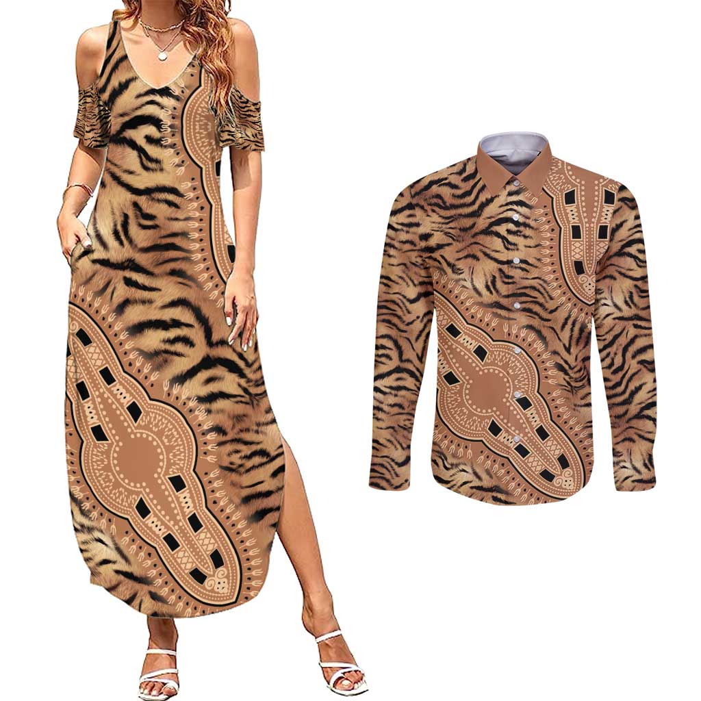Africa Tiger Mix Dashiki Tribal Pattern Couples Matching Summer Maxi Dress and Long Sleeve Button Shirt LT9 - Wonder Print Shop
