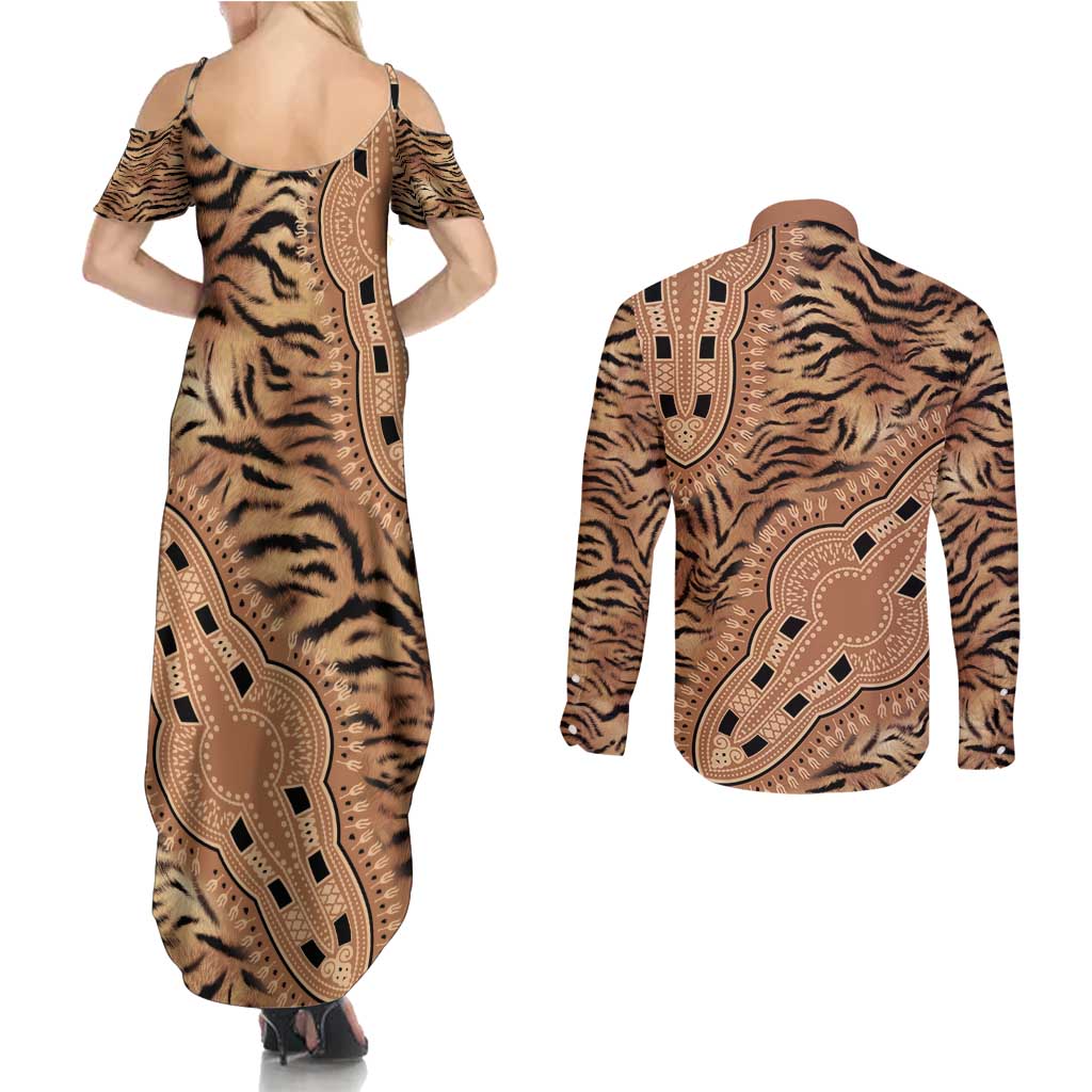 Africa Tiger Mix Dashiki Tribal Pattern Couples Matching Summer Maxi Dress and Long Sleeve Button Shirt LT9 - Wonder Print Shop