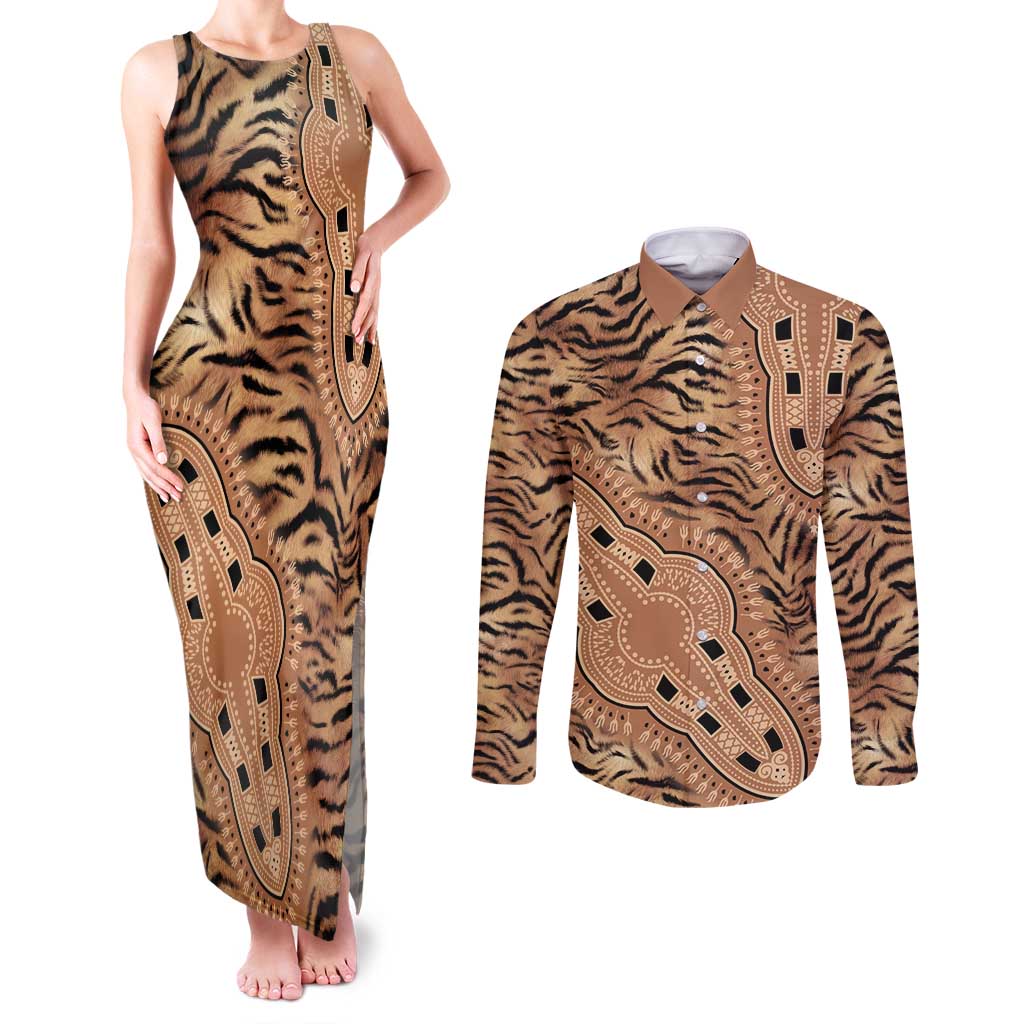 Africa Tiger Mix Dashiki Tribal Pattern Couples Matching Tank Maxi Dress and Long Sleeve Button Shirt LT9 - Wonder Print Shop