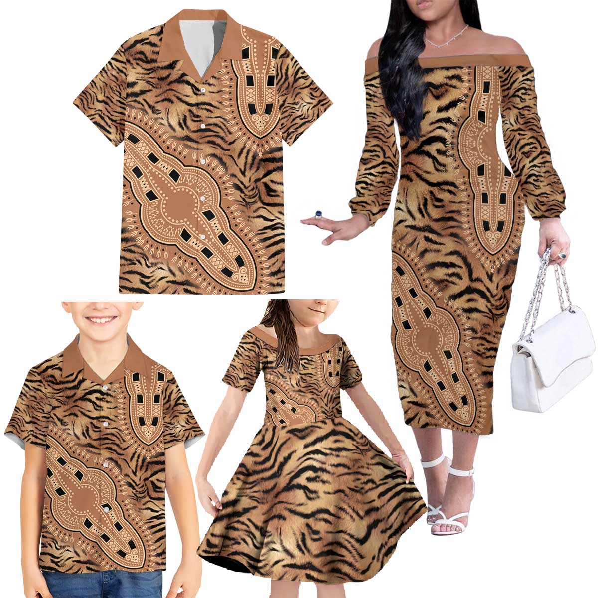 Africa Tiger Mix Dashiki Tribal Pattern Family Matching Off The Shoulder Long Sleeve Dress and Hawaiian Shirt - Wonder Print Shop