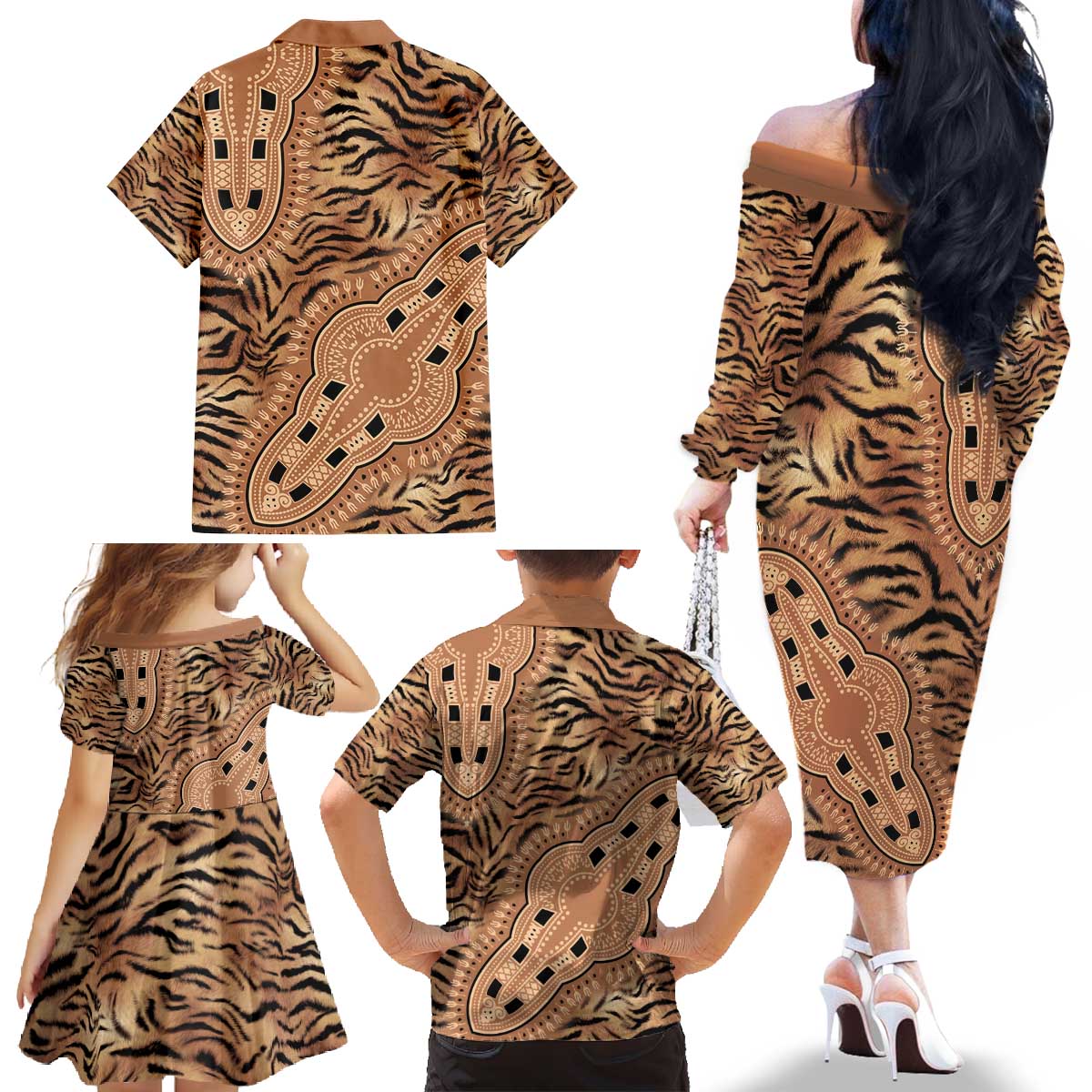 Africa Tiger Mix Dashiki Tribal Pattern Family Matching Off The Shoulder Long Sleeve Dress and Hawaiian Shirt - Wonder Print Shop
