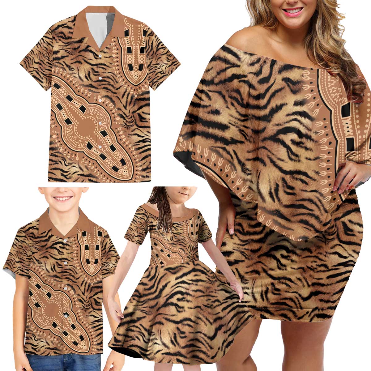 Africa Tiger Mix Dashiki Tribal Pattern Family Matching Off Shoulder Short Dress and Hawaiian Shirt LT9 - Wonder Print Shop