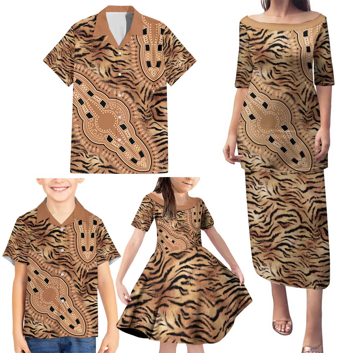 Africa Tiger Mix Dashiki Tribal Pattern Family Matching Puletasi and Hawaiian Shirt - Wonder Print Shop