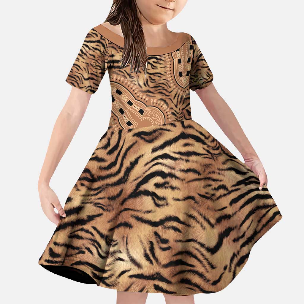 Africa Tiger Mix Dashiki Tribal Pattern Family Matching Short Sleeve Bodycon Dress and Hawaiian Shirt - Wonder Print Shop