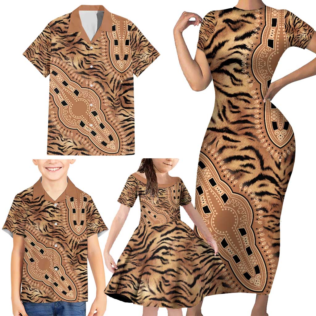 Africa Tiger Mix Dashiki Tribal Pattern Family Matching Short Sleeve Bodycon Dress and Hawaiian Shirt - Wonder Print Shop