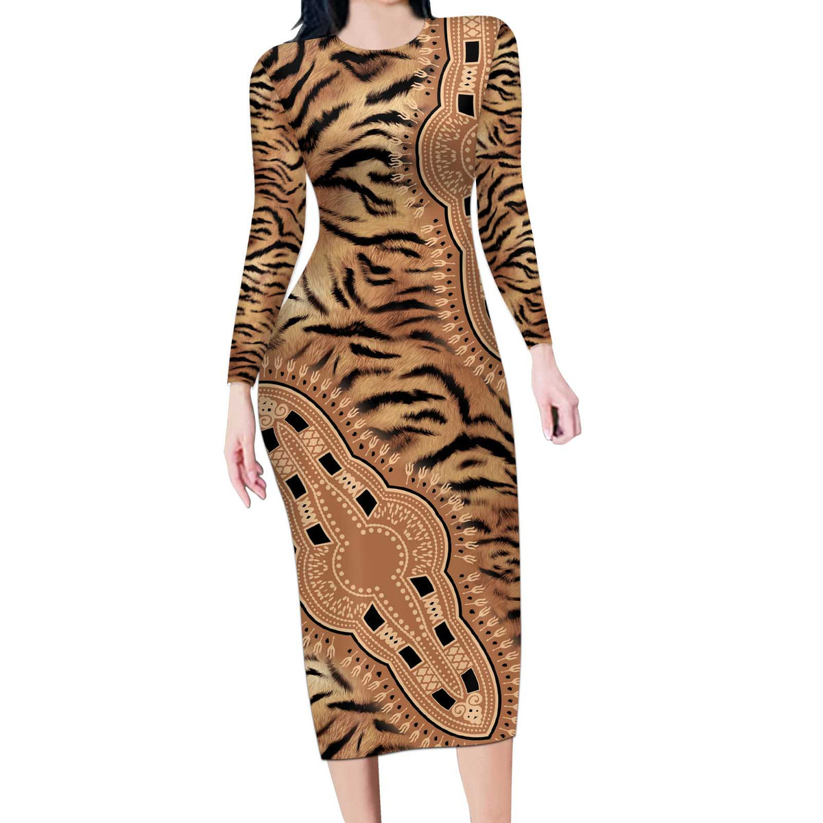 Africa Tiger Mix Dashiki Tribal Pattern Long Sleeve Bodycon Dress - Wonder Print Shop