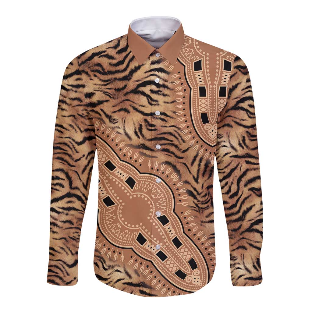 Africa Tiger Mix Dashiki Tribal Pattern Long Sleeve Button Shirt - Wonder Print Shop