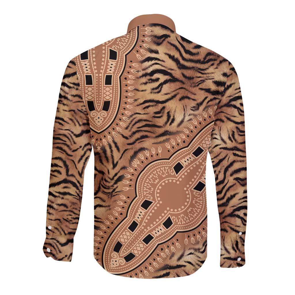Africa Tiger Mix Dashiki Tribal Pattern Long Sleeve Button Shirt - Wonder Print Shop