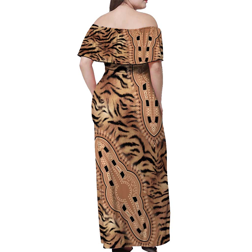 Africa Tiger Mix Dashiki Tribal Pattern Off Shoulder Maxi Dress - Wonder Print Shop