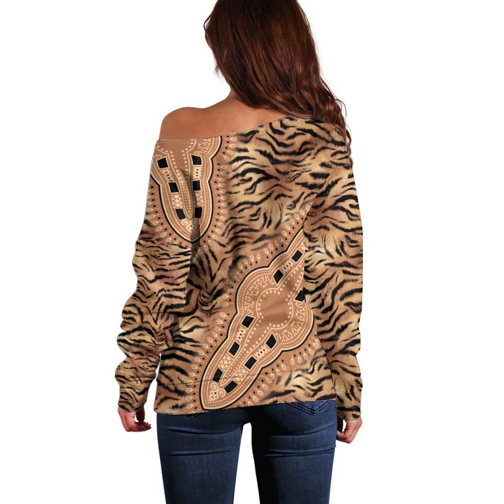 Africa Tiger Mix Dashiki Tribal Pattern Off Shoulder Sweater - Wonder Print Shop
