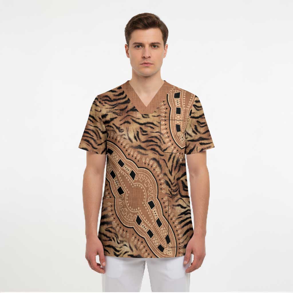 Africa Tiger Mix Dashiki Tribal Pattern Scrub Top