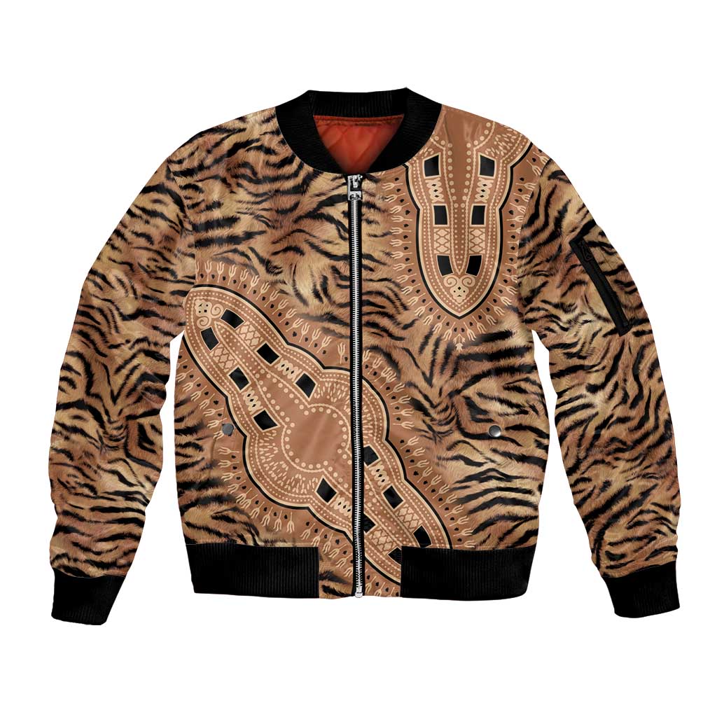Africa Tiger Mix Dashiki Tribal Pattern Sleeve Zip Bomber Jacket - Wonder Print Shop