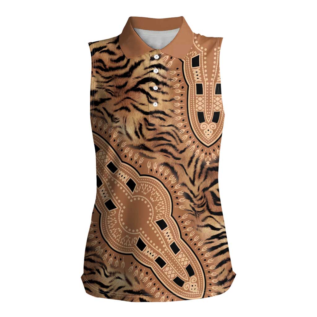 Africa Tiger Mix Dashiki Tribal Pattern Women Sleeveless Polo Shirt - Wonder Print Shop