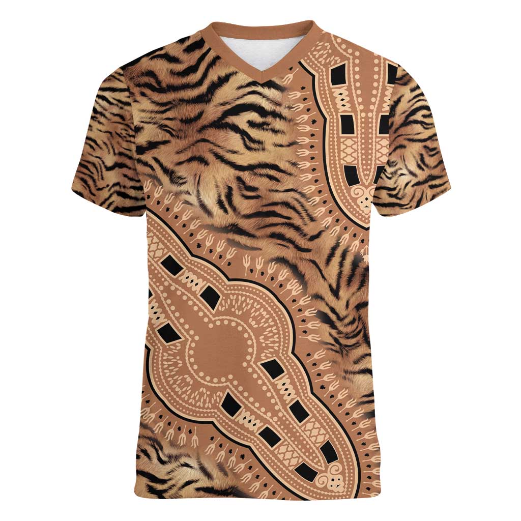 Africa Tiger Mix Dashiki Tribal Pattern Women V-Neck T-Shirt - Wonder Print Shop