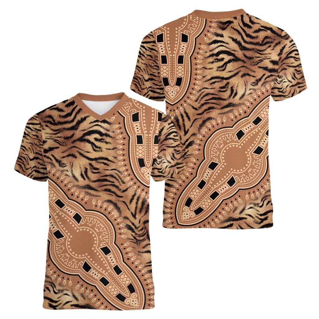 Africa Tiger Mix Dashiki Tribal Pattern Women V-Neck T-Shirt - Wonder Print Shop