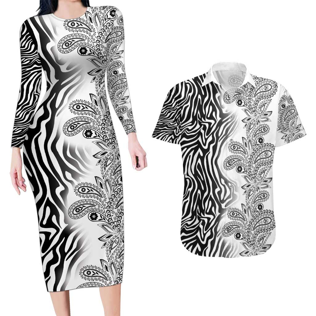 Africa Zebra Mix Paisley Tribal Pattern Couples Matching Long Sleeve Bodycon Dress and Hawaiian Shirt LT9 - Wonder Print Shop