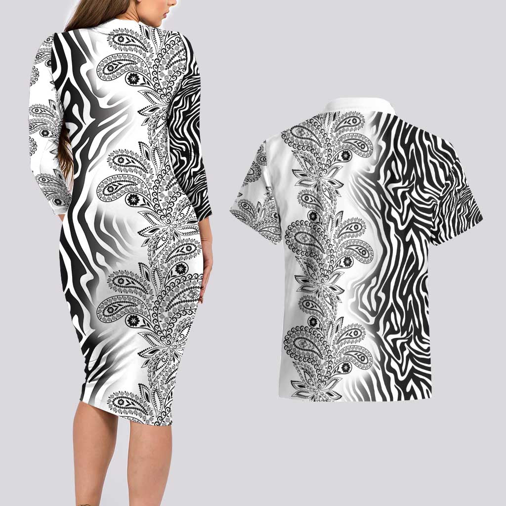 Africa Zebra Mix Paisley Tribal Pattern Couples Matching Long Sleeve Bodycon Dress and Hawaiian Shirt LT9 - Wonder Print Shop