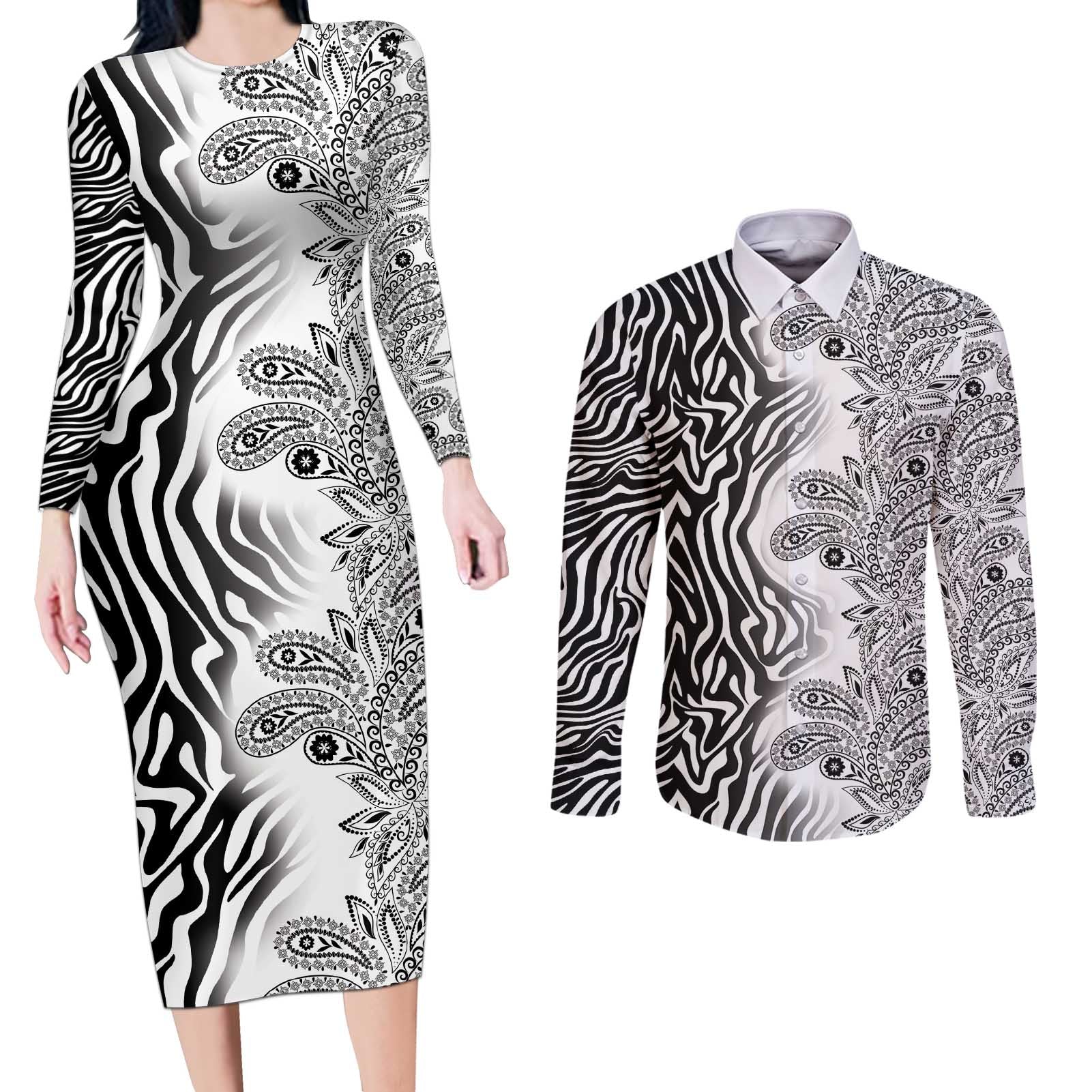 Africa Zebra Mix Paisley Tribal Pattern Couples Matching Long Sleeve Bodycon Dress and Long Sleeve Button Shirt LT9 - Wonder Print Shop