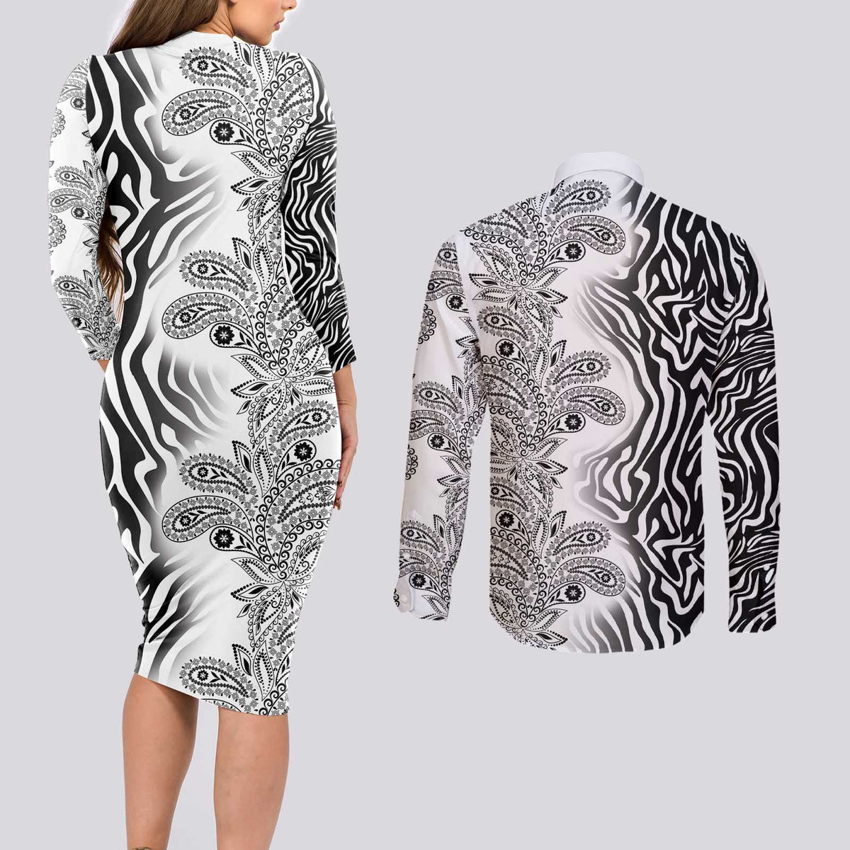 Africa Zebra Mix Paisley Tribal Pattern Couples Matching Long Sleeve Bodycon Dress and Long Sleeve Button Shirt LT9 - Wonder Print Shop