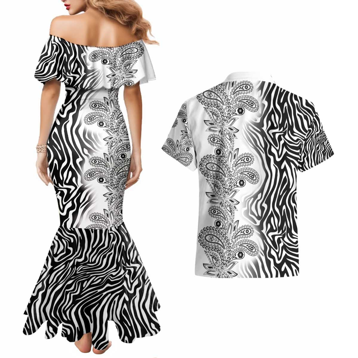 Africa Zebra Mix Paisley Tribal Pattern Couples Matching Mermaid Dress and Hawaiian Shirt LT9 - Wonder Print Shop