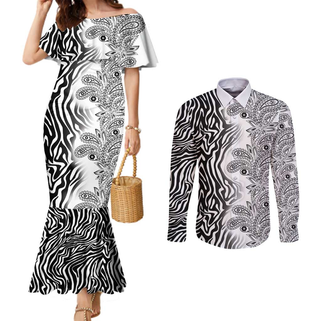 Africa Zebra Mix Paisley Tribal Pattern Couples Matching Mermaid Dress and Long Sleeve Button Shirt