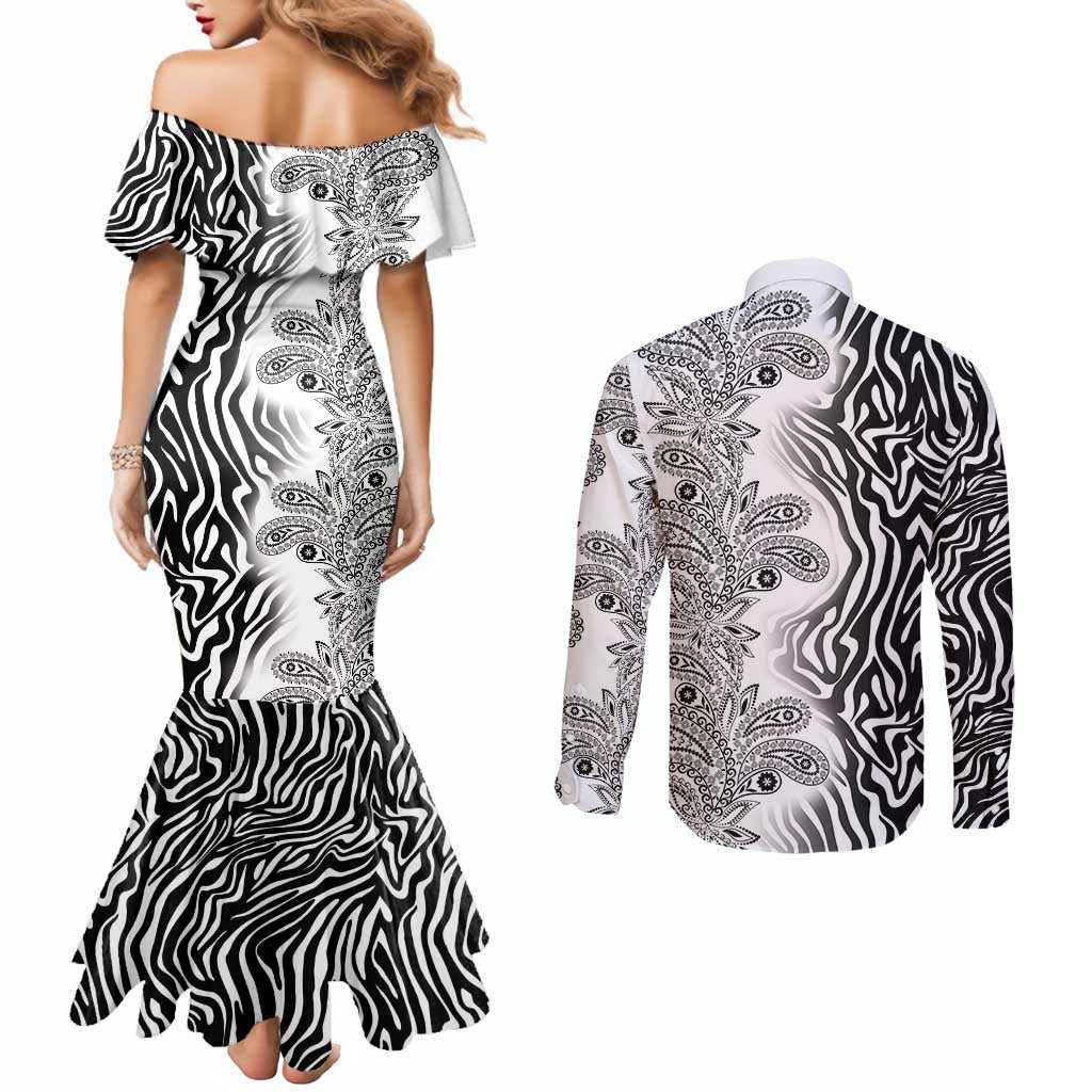 Africa Zebra Mix Paisley Tribal Pattern Couples Matching Mermaid Dress and Long Sleeve Button Shirt
