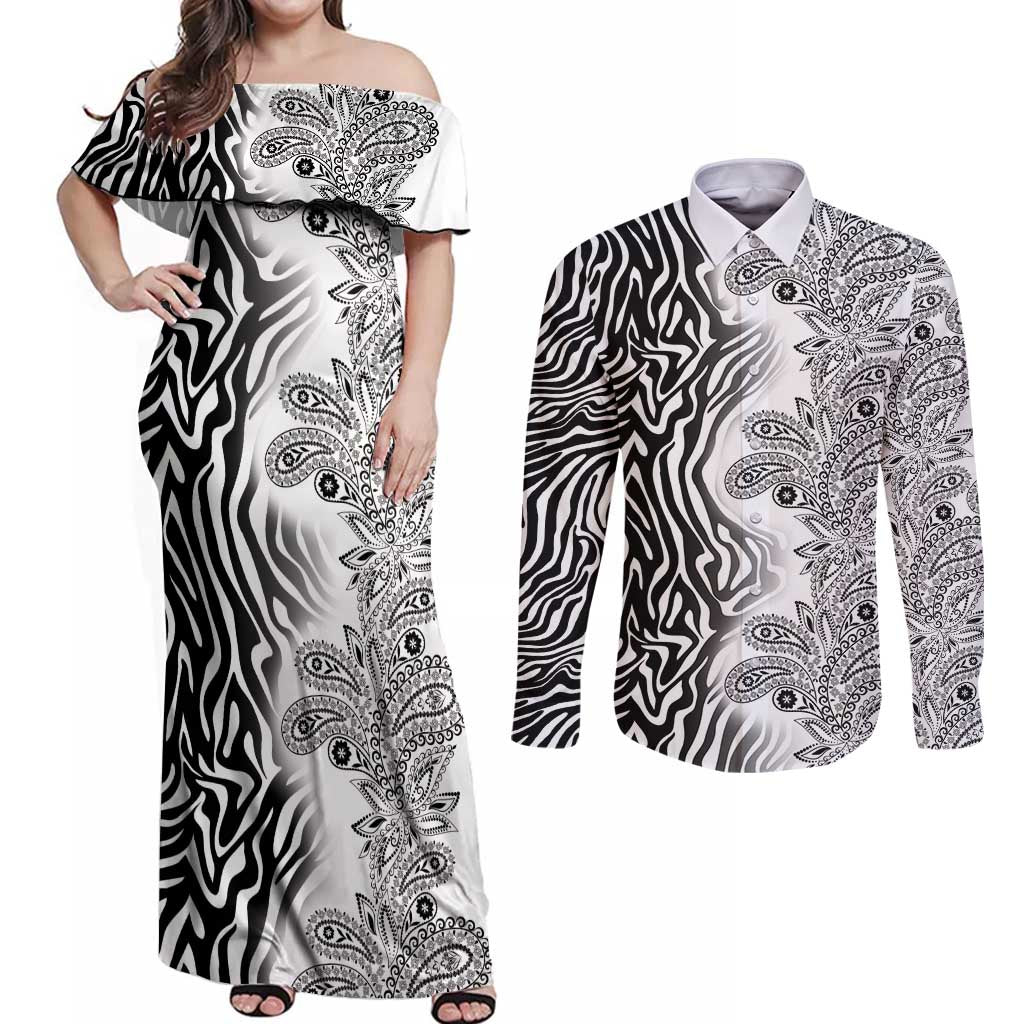 Africa Zebra Mix Paisley Tribal Pattern Couples Matching Off Shoulder Maxi Dress and Long Sleeve Button Shirt LT9 - Wonder Print Shop