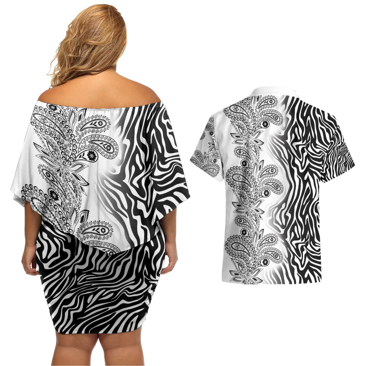 Africa Zebra Mix Paisley Tribal Pattern Couples Matching Off Shoulder Short Dress and Hawaiian Shirt LT9 - Wonder Print Shop