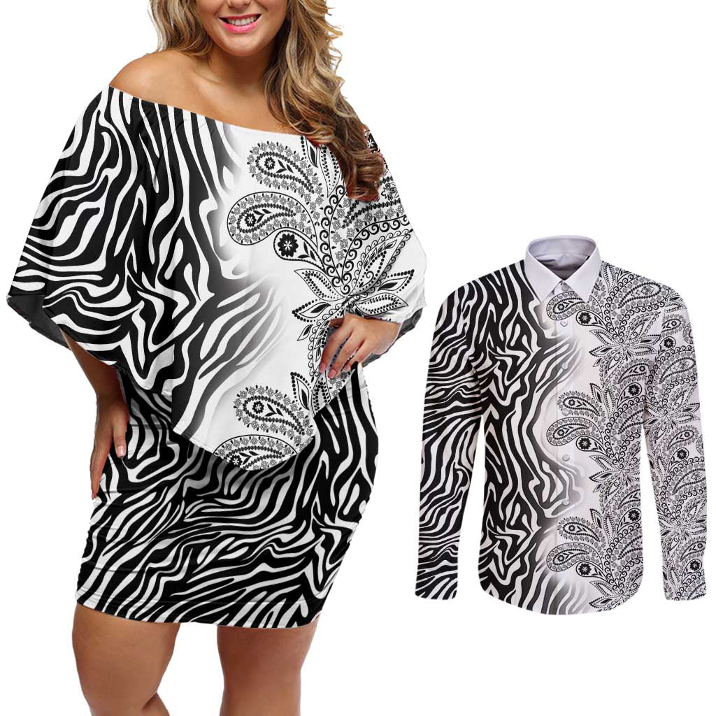 Africa Zebra Mix Paisley Tribal Pattern Couples Matching Off Shoulder Short Dress and Long Sleeve Button Shirt LT9 - Wonder Print Shop