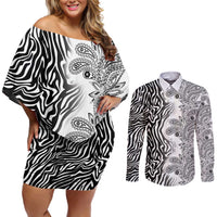 Africa Zebra Mix Paisley Tribal Pattern Couples Matching Off Shoulder Short Dress and Long Sleeve Button Shirt LT9 - Wonder Print Shop