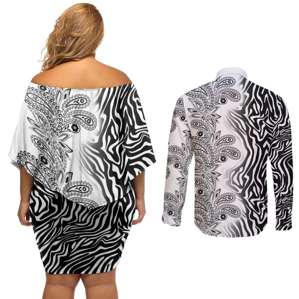 Africa Zebra Mix Paisley Tribal Pattern Couples Matching Off Shoulder Short Dress and Long Sleeve Button Shirt LT9 - Wonder Print Shop