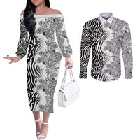 Africa Zebra Mix Paisley Tribal Pattern Couples Matching Off The Shoulder Long Sleeve Dress and Long Sleeve Button Shirt