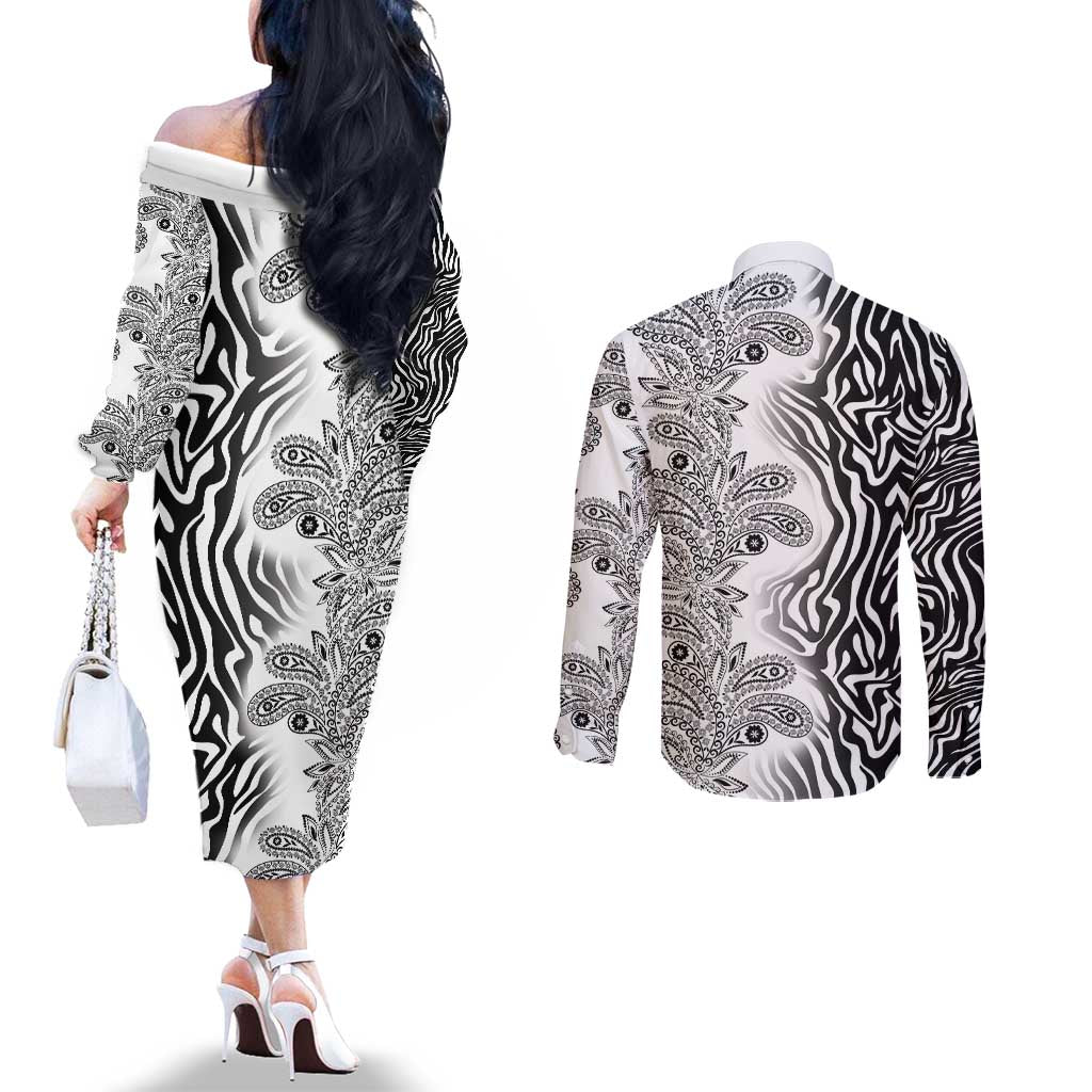 Africa Zebra Mix Paisley Tribal Pattern Couples Matching Off The Shoulder Long Sleeve Dress and Long Sleeve Button Shirt