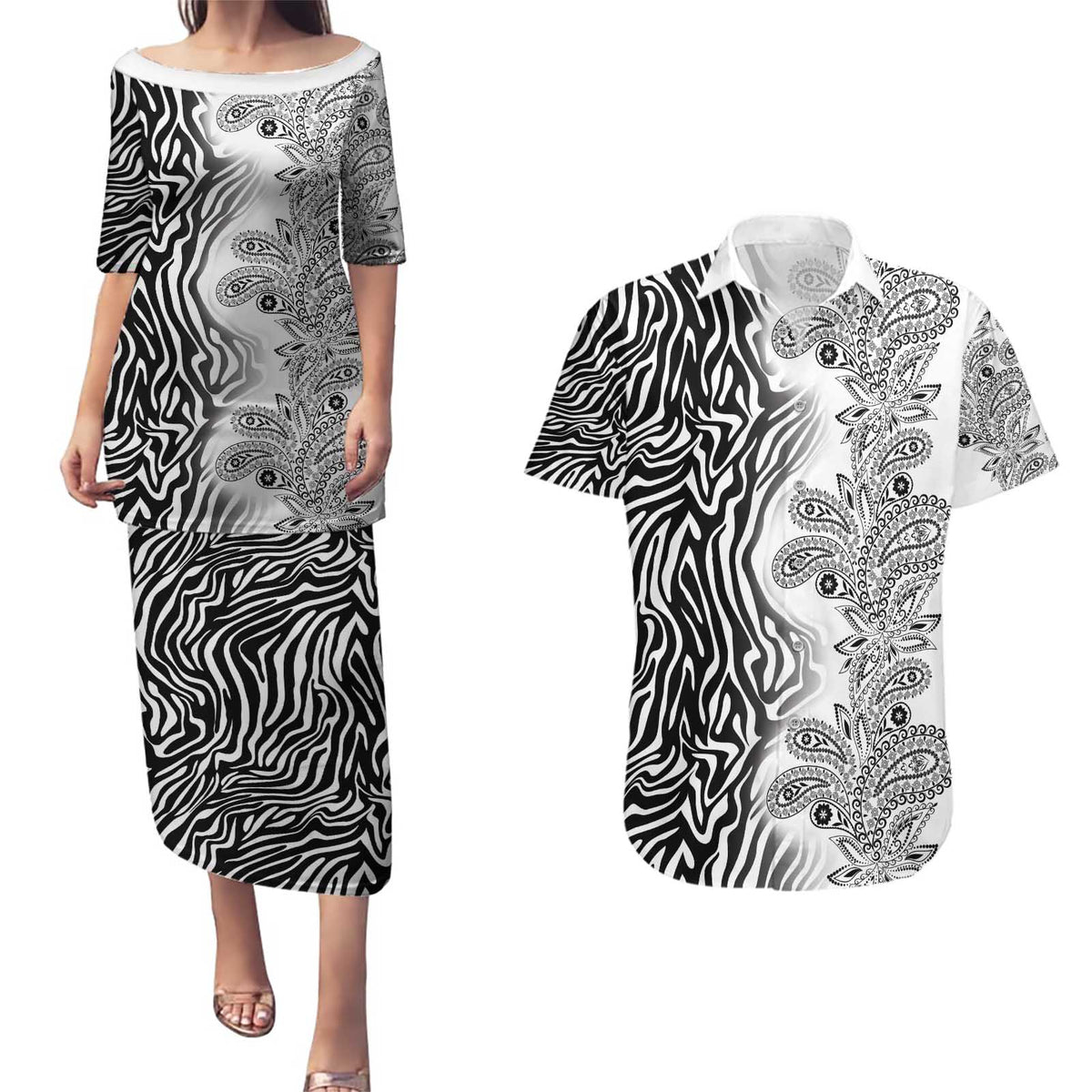Africa Zebra Mix Paisley Tribal Pattern Couples Matching Puletasi and Hawaiian Shirt LT9 - Wonder Print Shop