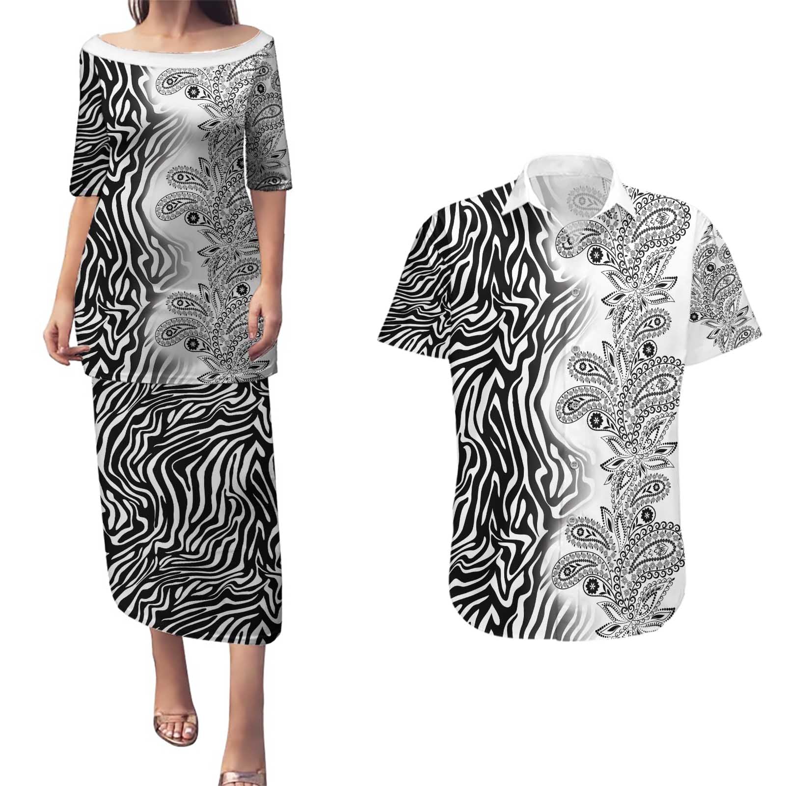 Africa Zebra Mix Paisley Tribal Pattern Couples Matching Puletasi and Hawaiian Shirt LT9 - Wonder Print Shop