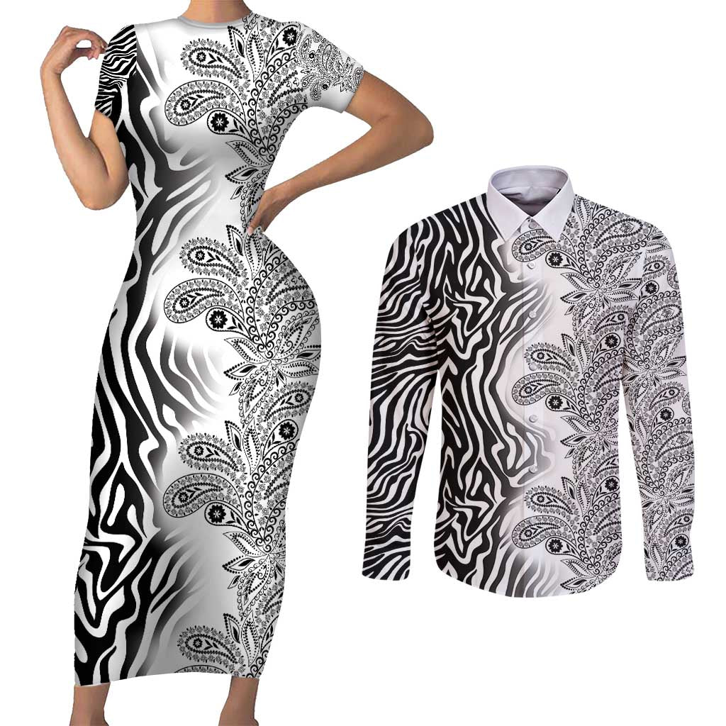 Africa Zebra Mix Paisley Tribal Pattern Couples Matching Short Sleeve Bodycon Dress and Long Sleeve Button Shirt LT9 - Wonder Print Shop