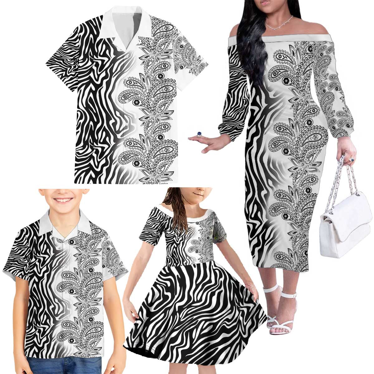 Africa Zebra Mix Paisley Tribal Pattern Family Matching Off The Shoulder Long Sleeve Dress and Hawaiian Shirt - Wonder Print Shop