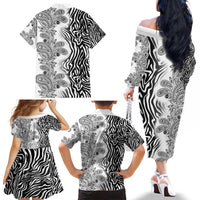Africa Zebra Mix Paisley Tribal Pattern Family Matching Off The Shoulder Long Sleeve Dress and Hawaiian Shirt - Wonder Print Shop