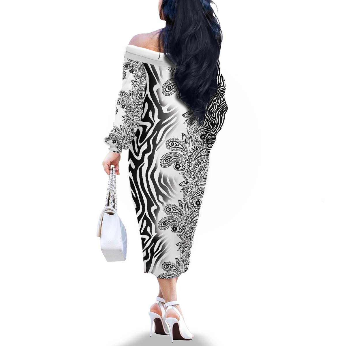 Africa Zebra Mix Paisley Tribal Pattern Family Matching Off The Shoulder Long Sleeve Dress and Hawaiian Shirt - Wonder Print Shop