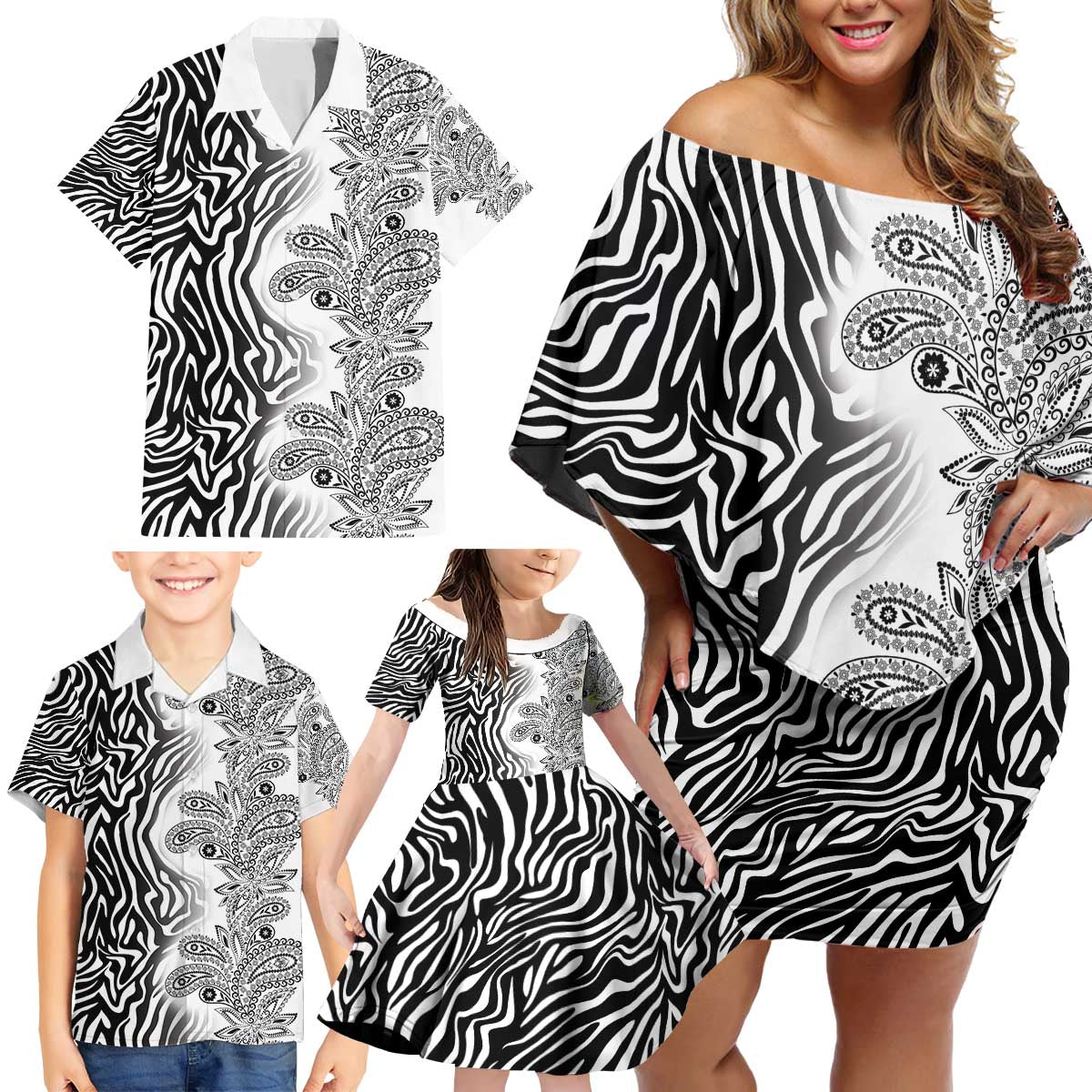 Africa Zebra Mix Paisley Tribal Pattern Family Matching Off Shoulder Short Dress and Hawaiian Shirt LT9 - Wonder Print Shop
