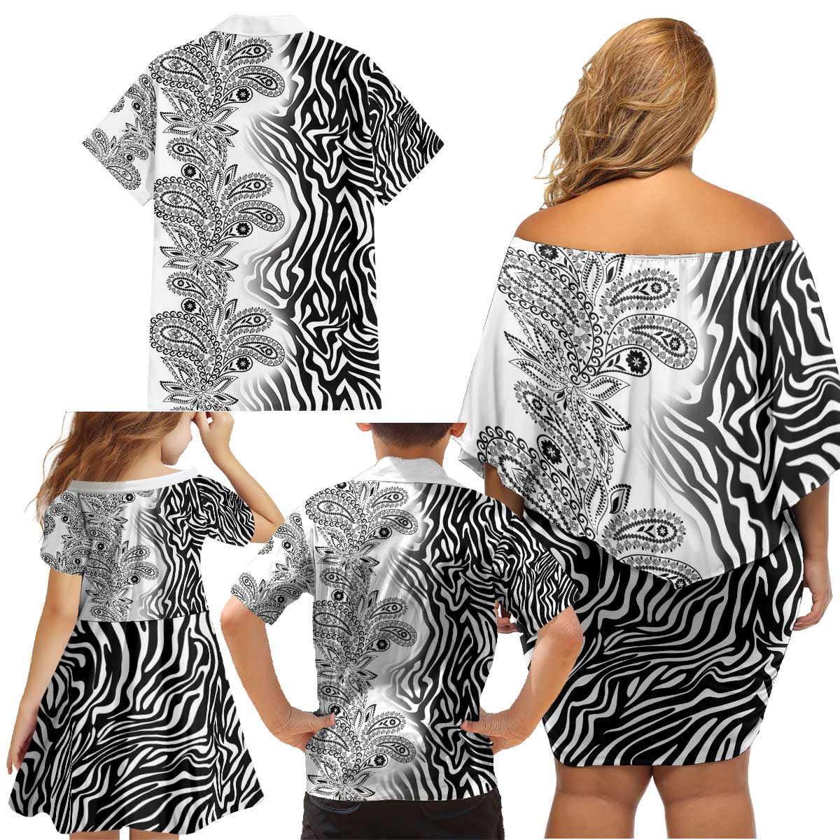 Africa Zebra Mix Paisley Tribal Pattern Family Matching Off Shoulder Short Dress and Hawaiian Shirt LT9 - Wonder Print Shop