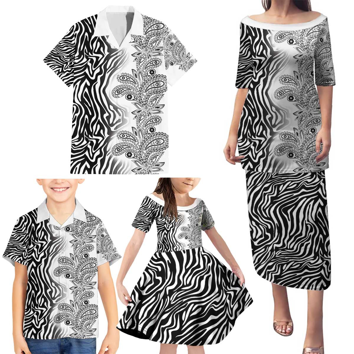 Africa Zebra Mix Paisley Tribal Pattern Family Matching Puletasi and Hawaiian Shirt - Wonder Print Shop